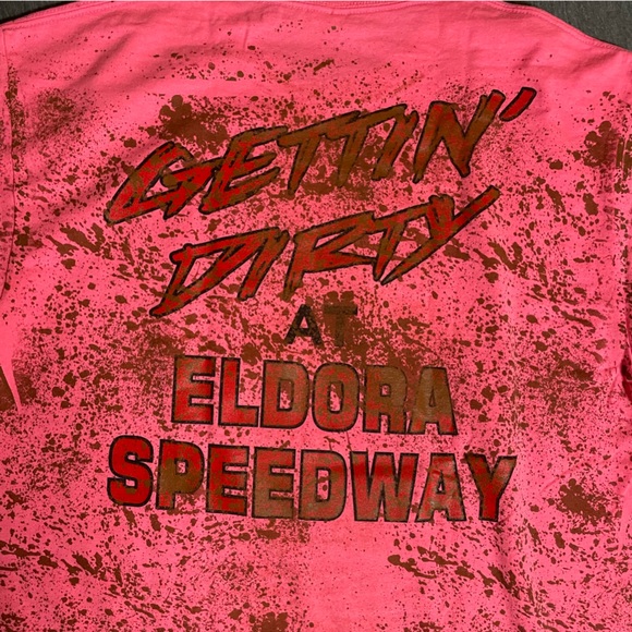 Like New Eldora Speedway T-Shirt w/ fake dirt splatter Hot Pink Size Large - Picture 5 of 6